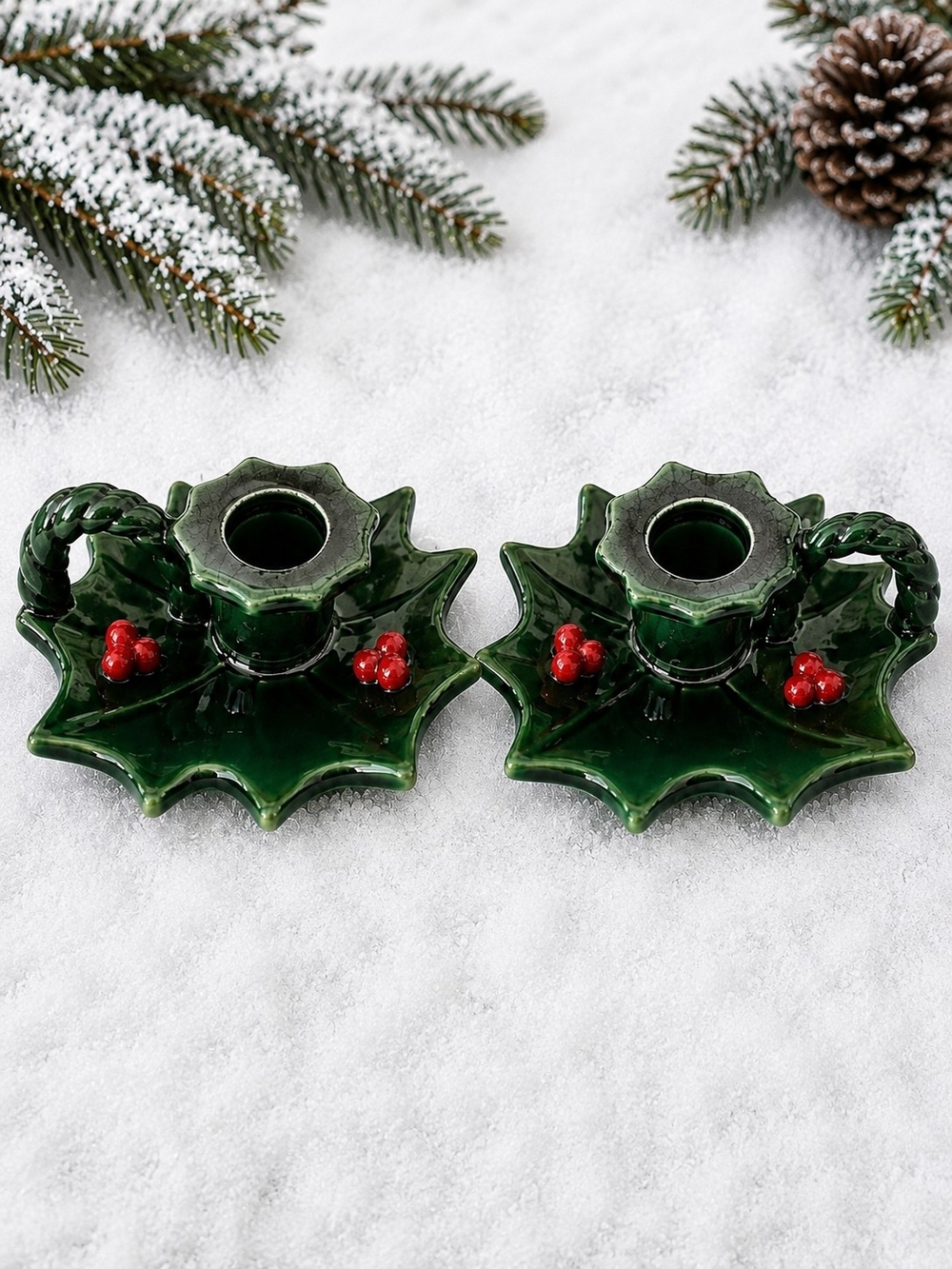 Lefton Vintage Christmas Holly Leaf Candle Holders Green Ceramic Pair